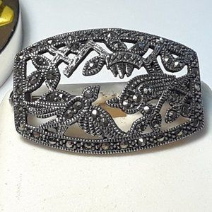 Vintage Flying Sitting Birds w/Vines Framed Marcasite SterlingSilver Brooch17425